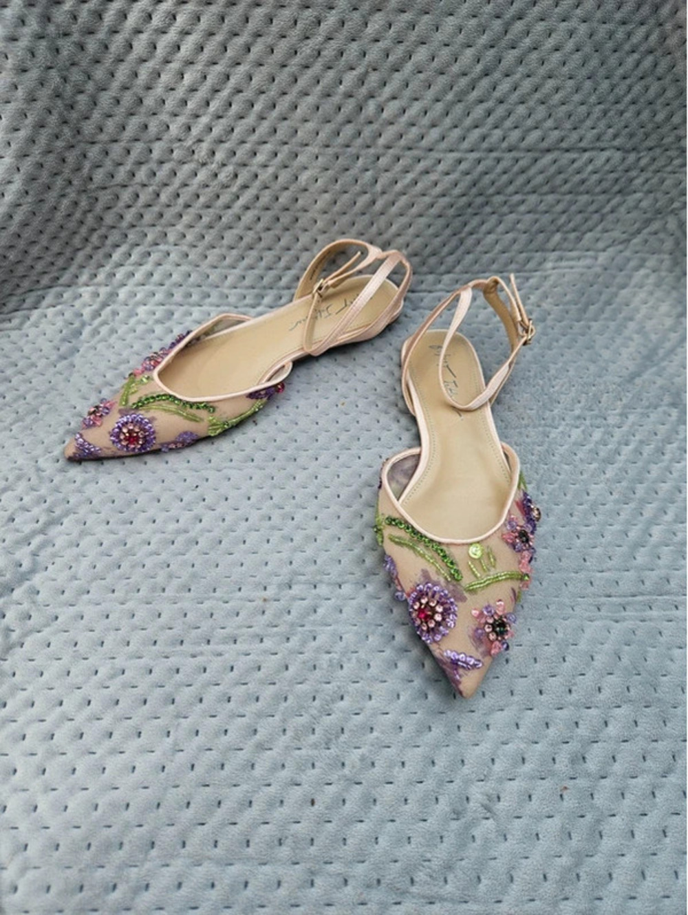 Betsey Johnson Garbo Women’s Size 7 Beaded Mesh Floral Rhinestone Ankle Flats